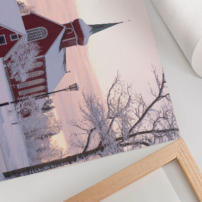 Kunstdruck poster Rote Kapelle, Winter, verschneite Bäume, pastellfarbener Himmel