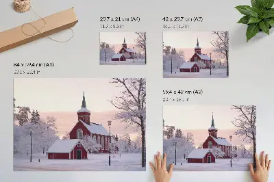 Kunstdruck Poster Rote Kapelle im Winter mit verschneiten Bäumen unter einem pastellfarbenen Himmel