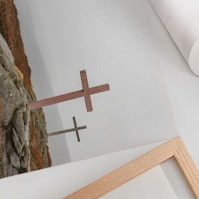 Poster kunstdruck Drei Holzkreuze, nebliger Hügel, Natur