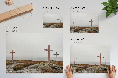 Poster kunstdruck Drei Holzkreuze, nebliger Hügel, Natur