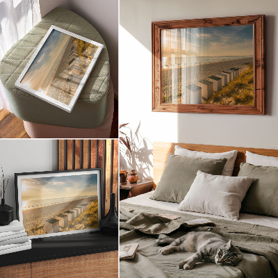 Kunstdruck poster Weiße Häuser, Meerblick, Sonnenuntergang