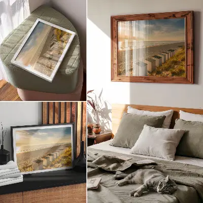 Kunstdruck Poster weiße Häuser mit Meerblick und Sonnenuntergang