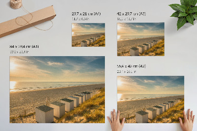 Kunstdruck poster Weiße Häuser, Meerblick, Sonnenuntergang
