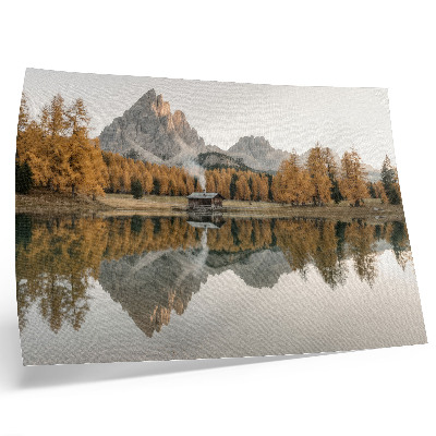 Poster Berge, Spiegelung, Hütte, goldene Bäume, ruhiger See