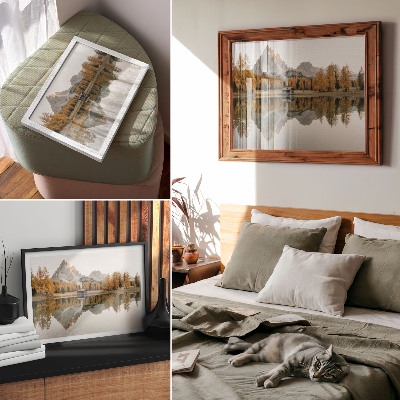 Poster Berge, Spiegelung, Hütte, goldene Bäume, ruhiger See