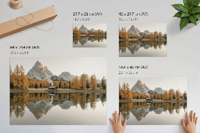 Poster Berge, Spiegelung, Hütte, goldene Bäume, ruhiger See