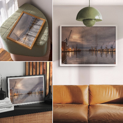 Kunstdruck poster Die atmosphärischen Hafenkräne spiegelten sich im Wasser