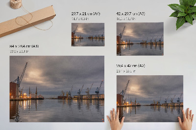 Kunstdruck poster Die atmosphärischen Hafenkräne spiegelten sich im Wasser