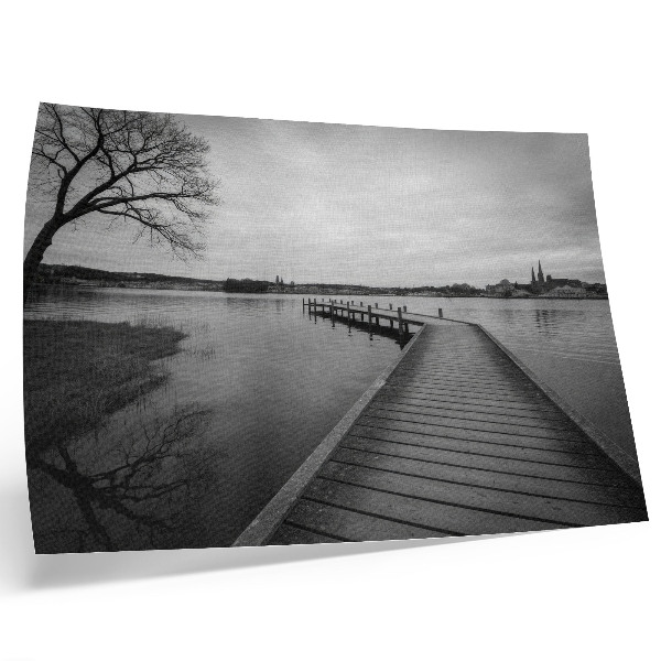 Poster Schwarz-Weiß-Landschaft, Holzsteg, ruhiger See