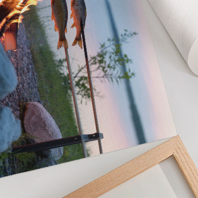 Poster Lagerfeuer am See, Fische am Spieß, natürlich