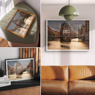 Poster kunstdruck Atmosphärische Architektur, Brücke, Abend, ruhiges Wasser
