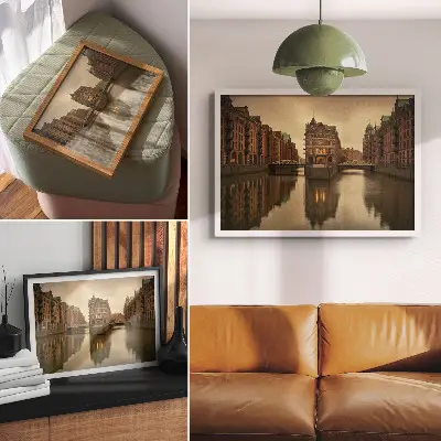 Kunstdruck Poster mit historischen Gebäuden an Kanälen mit ruhigem Wasser und Brücken