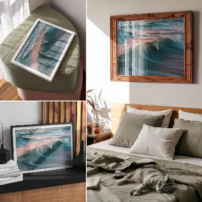Kunstdruck Poster dynamische Wellen in Türkis und Blau bei Sonnenuntergang