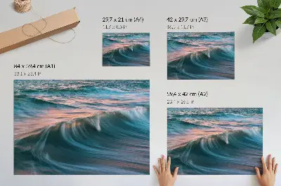 Kunstdruck Poster dynamische Wellen in Türkis und Blau bei Sonnenuntergang