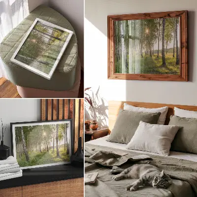 Poster Birkenwald mit Sonnenstrahlen in symmetrischer grüner Optik