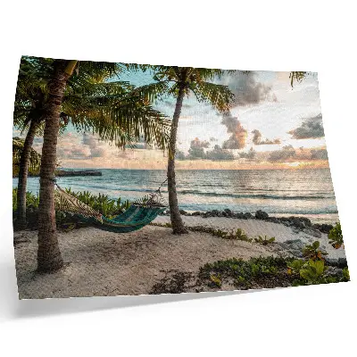 Kunstdruck Poster tropischer Strand mit Palmen und Hängematten als Oase der Entspannung
