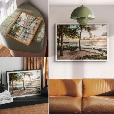 Kunstdruck Poster tropischer Strand mit Palmen und Hängematten als Oase der Entspannung