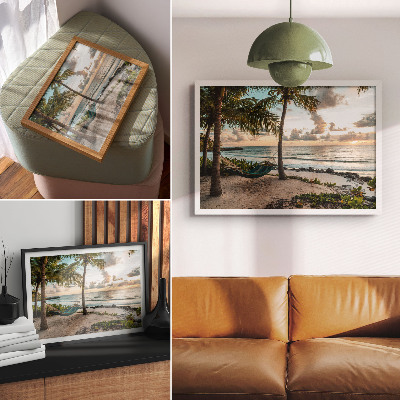 Kunstdruck poster Tropischer Strand, Palmen, Hängematten, Oase der Entspannung