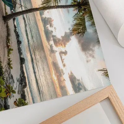 Kunstdruck Poster tropischer Strand mit Palmen und Hängematten als Oase der Entspannung