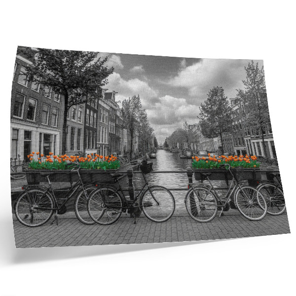 Poster Ein bezaubernder Blick auf den Kanal, Fahrräder, Tulpen, Schwarz und Orange.