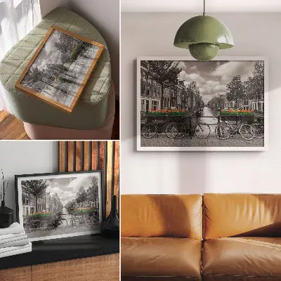 Poster ein bezaubernder Blick auf den Kanal mit Fahrrädern und Tulpen in Schwarz und Orange
