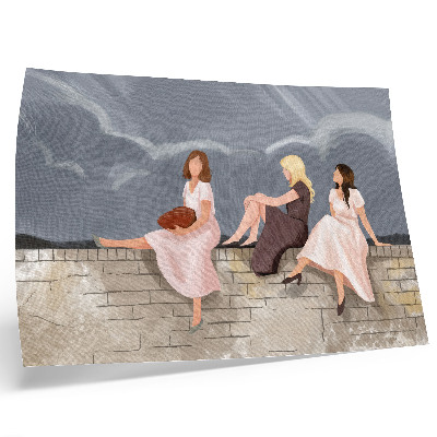 Kunstdruck poster Drei Frauen an der Mauer, bunte Kleider, weiter Himmel