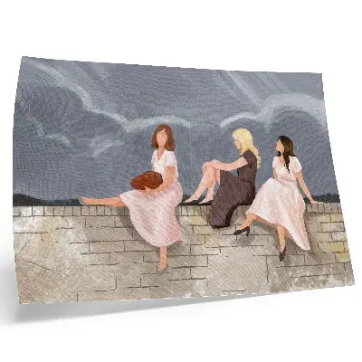 Kunstdruck drei Frauen an der Mauer mit bunten Kleidern vor weitem Himmel