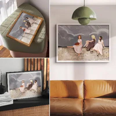 Kunstdruck drei Frauen an der Mauer mit bunten Kleidern vor weitem Himmel