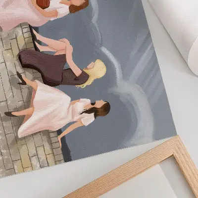 Kunstdruck drei Frauen an der Mauer mit bunten Kleidern vor weitem Himmel