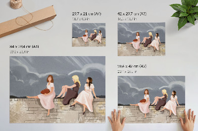 Kunstdruck poster Drei Frauen an der Mauer, bunte Kleider, weiter Himmel