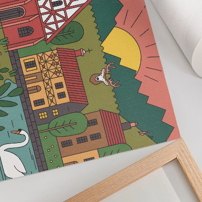 Poster Bunte Häuser, Berge, Hirsche, Schwäne, grüne Landschaft