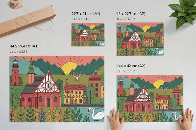 Poster mit bunten Häusern, Bergen, Hirschen, Schwänen und grüner Landschaft