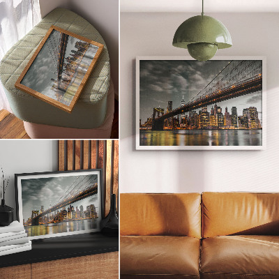 Poster kunstdruck Panorama der abendlichen Stadt, Brückenlichter, Wasser