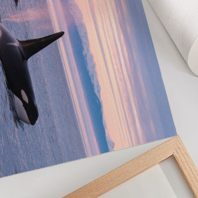 Kunstdruck poster Schwertwale vor einer pastellfarbenen Meereslandschaft