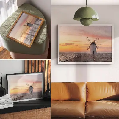 Kunstdruck Windmühle im Abendlicht mit pastellfarbenem Himmel über dem Meer