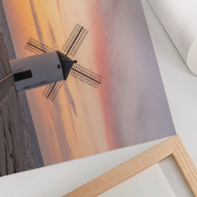 Poster kunstdruck Windmühle im Abendlicht, Meer, pastellfarbener Himmel