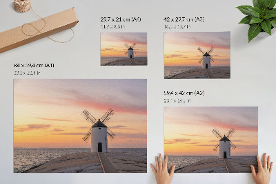 Poster kunstdruck Windmühle im Abendlicht, Meer, pastellfarbener Himmel
