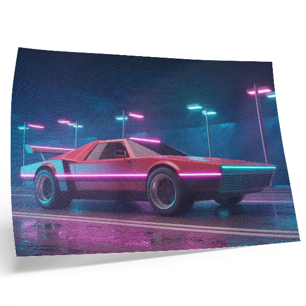 Poster kunstdruck Retro-Auto in einer neonbeleuchteten Stadtkulisse