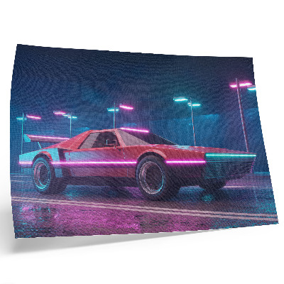 Poster kunstdruck Retro-Auto in einer neonbeleuchteten Stadtkulisse