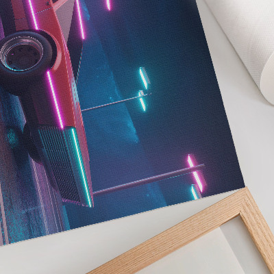 Poster kunstdruck Retro-Auto in einer neonbeleuchteten Stadtkulisse