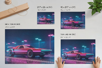 Poster kunstdruck Retro-Auto in einer neonbeleuchteten Stadtkulisse