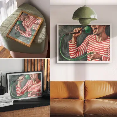 Kunstdruck Poster rot gestreiftes Hemd mit grünem Mikrofon
