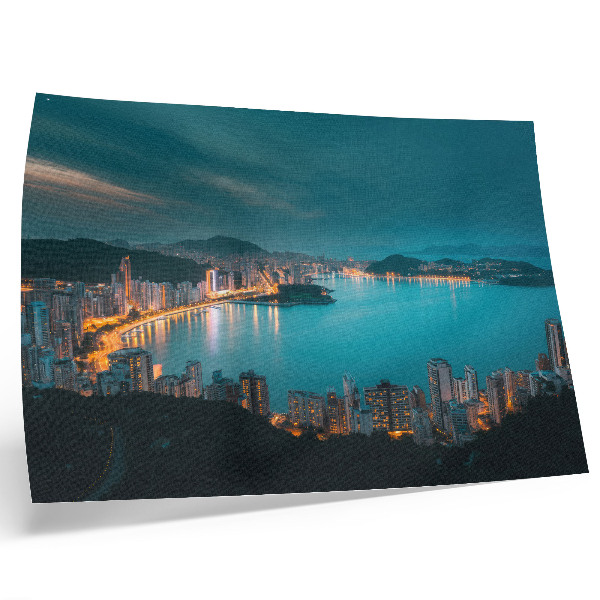Poster Nachtansicht der Stadt über dem Wasser, leuchtende Wolkenkratzer