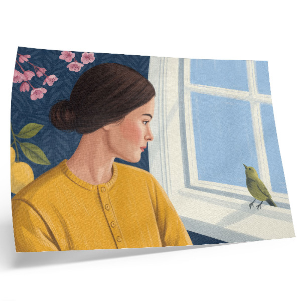 Poster kunstdruck Frau in gelbem Hemd mit einem Vogel auf dem Fensterbrett