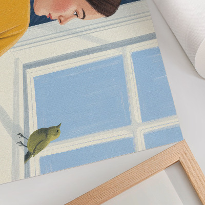Poster kunstdruck Frau in gelbem Hemd mit einem Vogel auf dem Fensterbrett