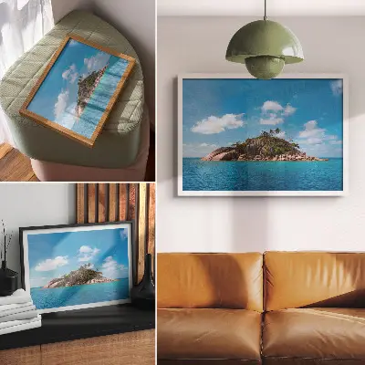 Kunstdruck Poster exotische Insel mit blauem Himmel und grüner Landschaft