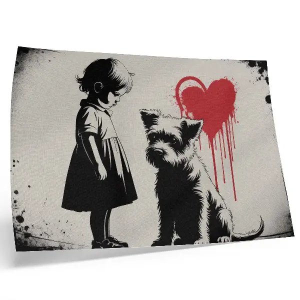 Poster schwarz-weißes Mädchen mit Hund und Herz