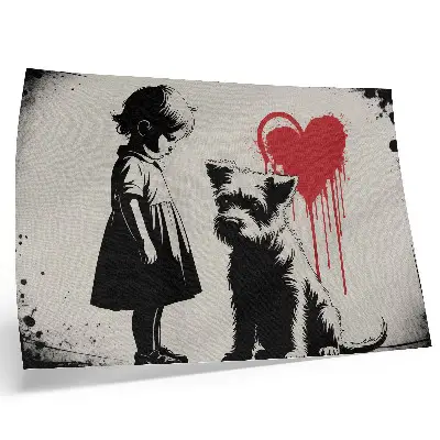 Poster schwarz-weißes Mädchen mit Hund und Herz