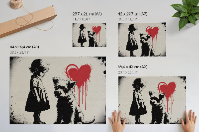 Poster Schwarz-weißes Mädchen-Hund-Herz