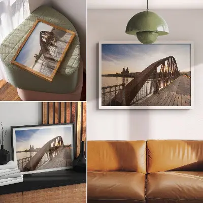 Kunstdruck Metallbrücke über den Fluss an einer Kathedrale bei friedlichem Sonnenuntergang
